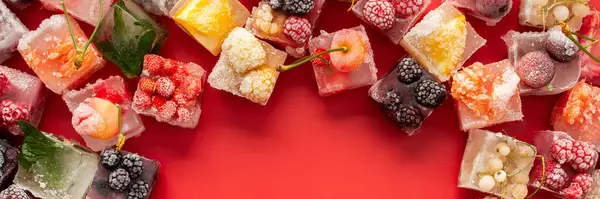 Frame of ice cubes with frozen berries and fruits and mint on red background, banner