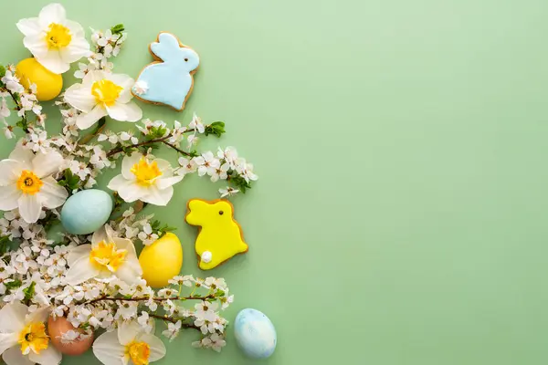 자연스럽 색깔의 달걀과 부활절 파스텔 배경에 Daffodils와 가지와 로열티 프리 스톡 이미지
