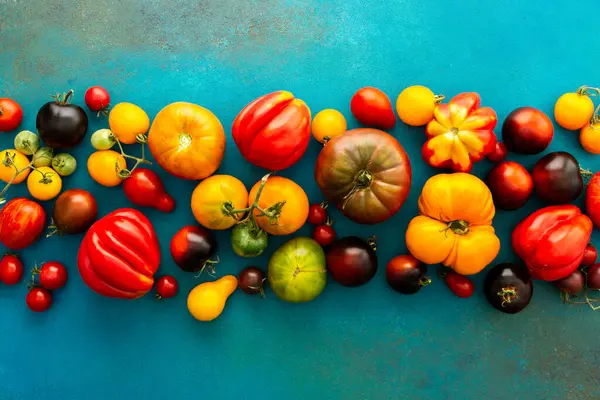 Zümrüt yeşili arka planda çok renkli, olgun domatesler, farklı domatesler, bahçeden gelen yaz hasadı, üst manzara.
