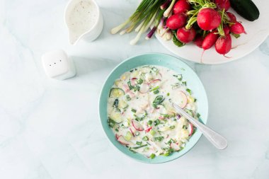 Soğuk yaz çorbası Okroshka, sebze ve sosisli çorba, yumurta ve taze otlar ve yoğurt, geleneksel Rus çorbası.