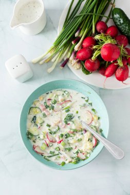 Soğuk yaz çorbası Okroshka, sebze ve sosisli çorba, yumurta ve taze otlar ve yoğurt, geleneksel Rus çorbası.