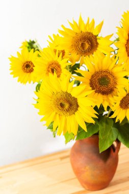 Yaz kırsal buketi kil bir tencerede, parlak sulu dekoratif ayçiçekleri