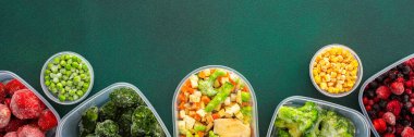 Kışın yemek, yazın dondurucu taze sebzeler buzdolabında, çeşitli donmuş sebzeler plastik tabaklarda, üst manzara, pankart.