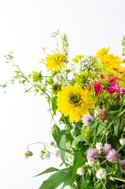 Renkli Zinnia buketi, soğan ve nane filizi, Rudbeckia Goldquelle ve kırmızı yonca, Ranunculus ve Matricaria, çiçeklerle süslenmiş ev dekorasyonu.