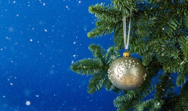 Karlar arasında mavi bir zemin üzerinde köknar dalında asılı duran yeşil Noel balosu, Noel arkaplanı