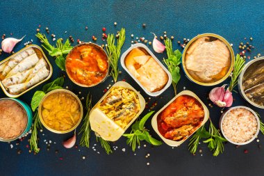 Somon, uskumru, baharat, sardalya, ton balığı ve ringa balığı gibi farklı teneke kutular, mavi arka plandaki baharatlar ve otlar arasında,