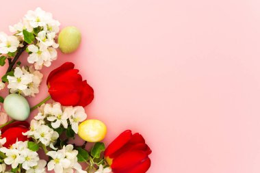 Bahar Paskalya arkaplanı, renkli Paskalya yumurtaları ve çiçek açan elma ağacı dalları ve pembe arka planda kırmızı laleler, kopyalama alanı.
