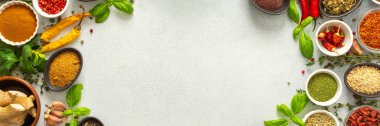 Renkli, taze otlar ve baharatlar gri bir arkaplanı çerçeveliyor. Mutfak yaratıcılığına, üst manzaraya, kopyalama alanına, afişe dikkat çekmek için mükemmel bir doğal sınır.