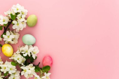 Bahar Paskalya arkaplanı, çok renkli Paskalya yumurtaları ve pembe arka planda çiçek açan elma dalları.