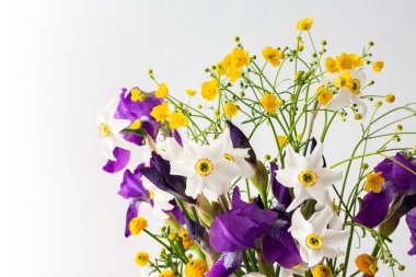 Bir buket bahar çiçeği, süsen çiçekleri ve beyaz nergisli sarı ranunculusla ev içi.
