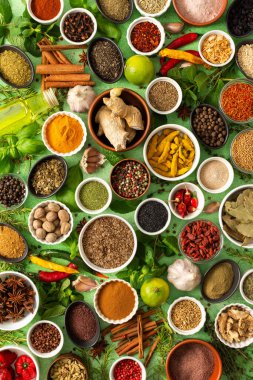 Taze, kokulu baharatlar ve çeşitli renklerde otlar, yumuşak yeşil bir arka planda oturuyorlar, her mutfağa tat getiriyorlar.