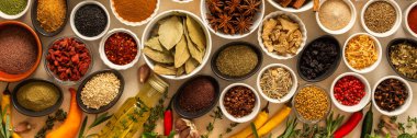 Bej bir zemin üzerine yayılmış çeşitli baharat ve otların toplanması, egzotik aromalar harmanlanarak lezzetli yemekler, afişler