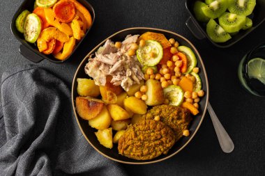 Sıcak kahvaltı kasesi vitrinleri havuç, kabak, mercimek pirzolası, tavuk göğsü ve taze salata ile pişirilmiş tatlı patates ve tatlı olarak da kivi..