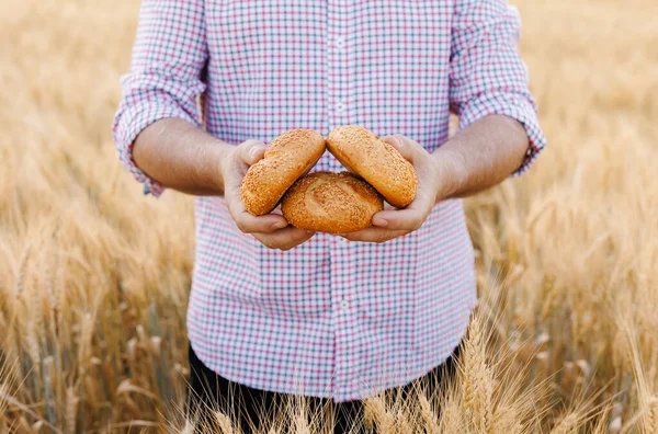 Close Hands Holding Freshly Baked Bread Representing Rural Pleasure Bread — Stock Photo, Image