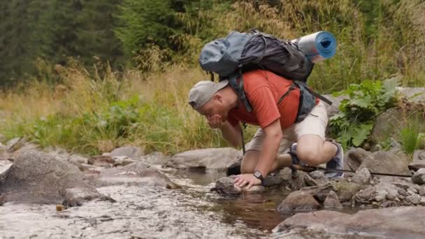 トレッキングツアー中に森で膝の上に立っている間 ストリームから爽やかな水を飲む大きなバックパックを持つ男性のハイカーの全身 — ストック動画