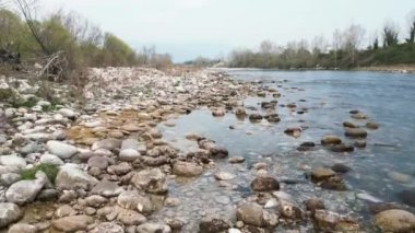 Huzurlu bir nehir kıyısı, su kenarında pürüzsüz taşlar ve canlı, yemyeşil bir manzara sunar.