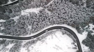 Bu, karlı bir orman manzarasıyla çevrili dolambaçlı bir yolu yakalayan nefes kesici bir hava manzarası.