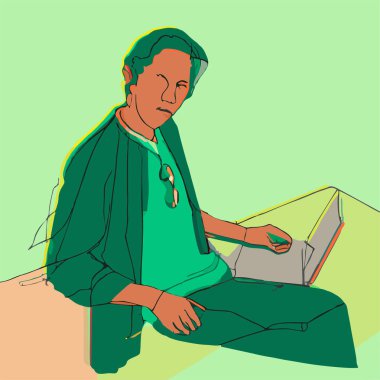 A man is working on a laptop. Modern office interior with workflow icons in the background. Vector illustration.