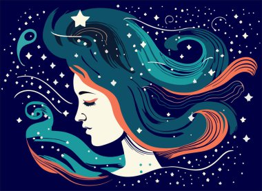 Girl with space dreams. Women with the universe of starry night in their hair. Concept in flat color graphic. Vector illustration