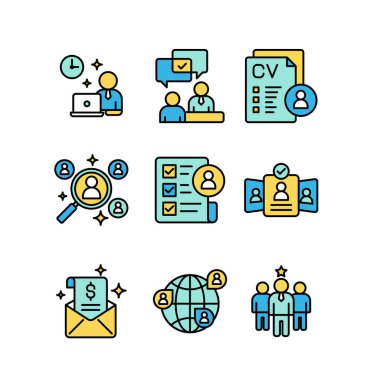 İşe alım ve çalışan simgesi tasarımı. İnsan kaynakları renklendirilmiş çizgi simgesi seti