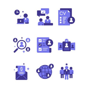 İşe alım ve çalışan simgesi tasarımı. HR insan kaynakları duotone biçim simgesi seti
