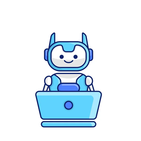 Robot Character Work Laptop Vector Illustration Cute Cartoon Robot Illustration — Stock Vector