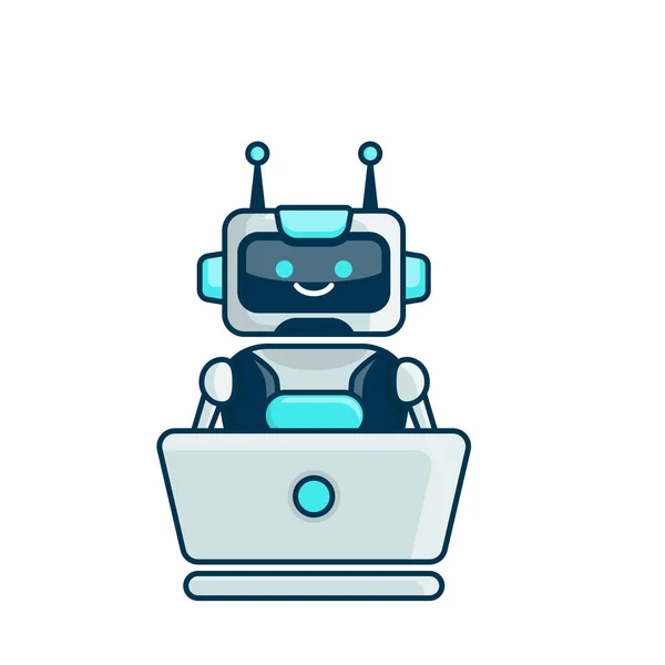 Robot Postać Pracy Wektorem Laptop Ilustracji Cute Cartoon Robot Ilustracji — Wektor stockowy
