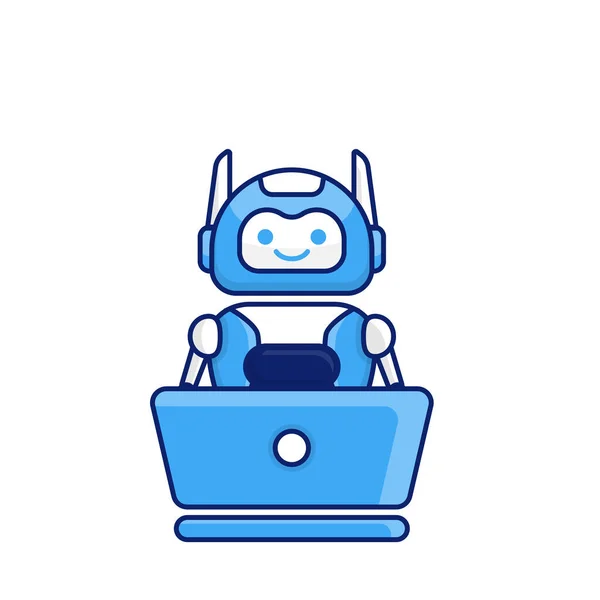 Robot Karakter Dizüstü Bilgisayar Vektör Çizimi Üzerinde Çalışıyor Şirin Çizgi — Stok Vektör