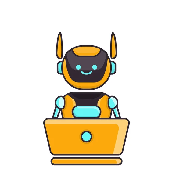 Robot Karakter Munka Laptop Vektor Illusztráció Aranyos Rajzfilm Robot Illusztráció — Stock Vector