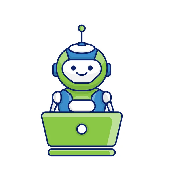 Robot Postać Pracy Wektorem Laptop Ilustracji Cute Cartoon Robot Ilustracji — Wektor stockowy