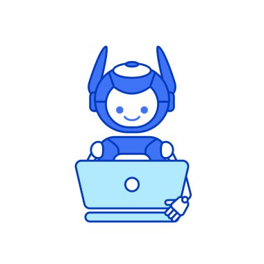 Robot karakter dizüstü bilgisayar vektör çizimi üzerinde çalışıyor. Şirin Çizgi Robot Çizimi