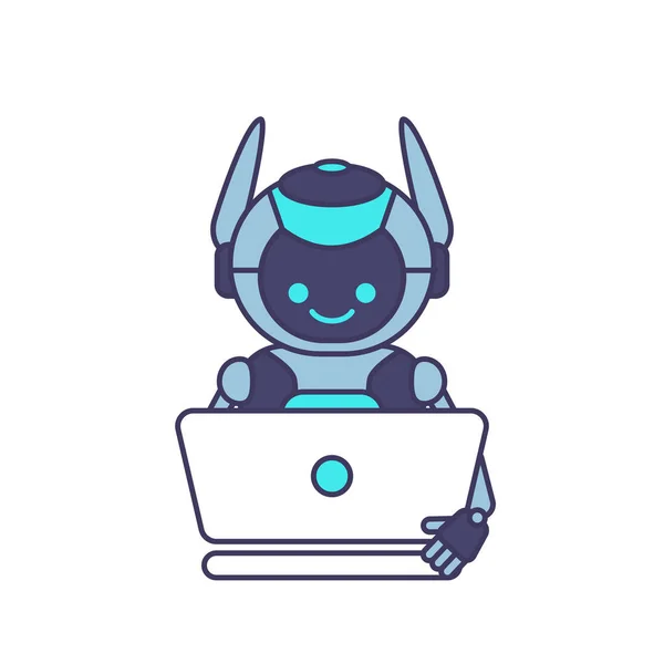 Robot Postać Pracy Wektorem Laptop Ilustracji Cute Ilustracji Robota Kreskówki — Wektor stockowy