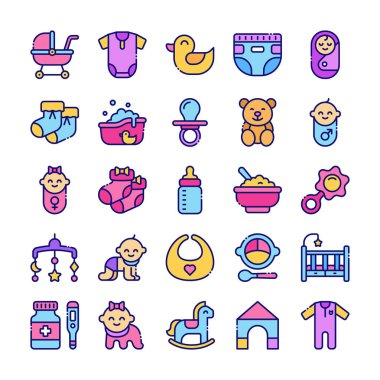 Bebek ve Çocuk simgesi düz stil dizaynında ayarlandı