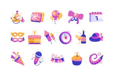 Mutlu Yıllar ve Yeni Yıl Partisi elemanları koleksiyonu el çizimi tarzında.