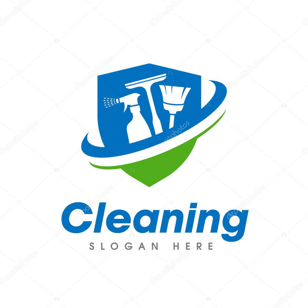 Cleaning Service Business Logo Design. Broom, squeegee, and spray isolated on shield shape