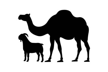Eid al-Adha sacrifice animal silhouette. Goat and camel silhouette for stock farming design.