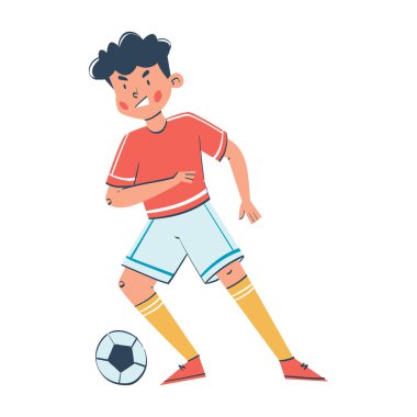 Genç atlet, futbol topu vektör çizimi yapıyor. Çocuklar için ilham verici bir kariyer.