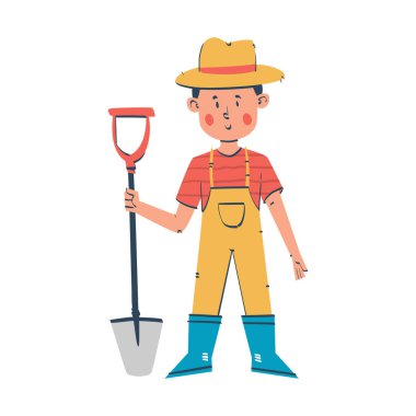 Kürek tutan genç çiftçi çocuk tarlada çalışmaya hazır. Çocuklar için ilham verici bir kariyer.