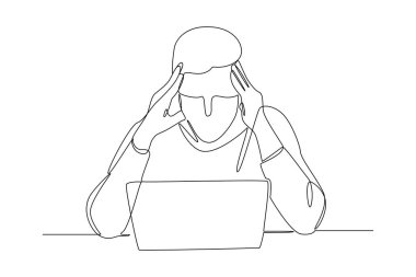 Dizüstü bilgisayarında baş ağrısı olan tükenmiş iş adamının kesintisiz çizimi. Dizüstü bilgisayara bakan yorgun ofis çalışanı.