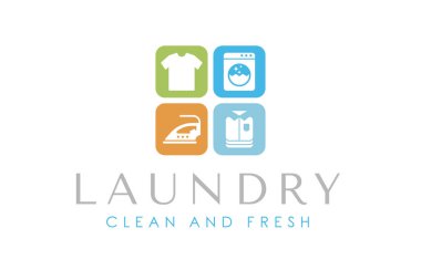 Yaratıcı çamaşır logosu tasarım şablonu. Çamaşır makinesi, kıyafetler, ütü ve katlanmış giysi simgesi