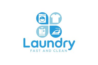 Yaratıcı çamaşır logosu tasarım şablonu. Çamaşır makinesi, kıyafetler, ütü ve katlanmış giysi simgesi