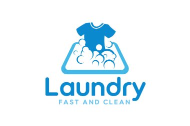 Çamaşır logosu tasarım şablonu. Çamaşır servisi logosu için deterjan köpüklü kıyafet çizimi
