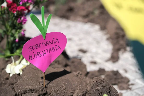 Buenos Aires, Argentina, Sept 21, 2021: detail of protest of the UTT, Land Workers Union, demanding the Land Access Law and defending agroecology. Paper beet with text: food sovereignty
