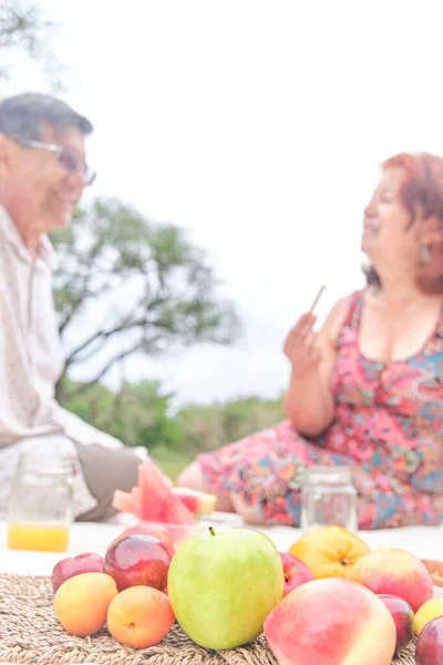 Senior couple having a picnic breakfast with a variety of fresh fruits, apples, peaches, tangerines, plums, watermelon. Focus on them. Concepts: healthy eating, enjoying the outdoors at summer