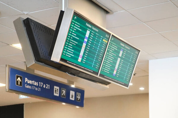 November 18, 2022, Buenos Aires, Argentina: Screens with information on international flight departures at Jorge Newbery International Airport.