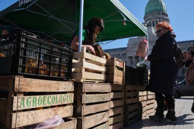 Buenos Aires, Argentina, 21 sept, 2021: UTT, Land Workers Union, organic vegetable sales stand as part of a protest demanding the Land Access Law and defending the sustainable and healthy agriculture.