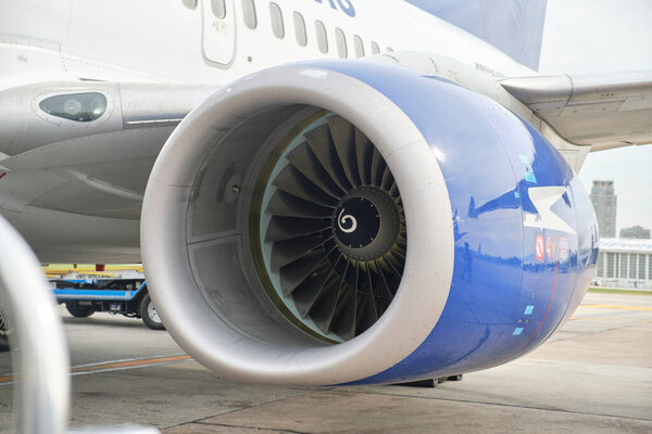 Buenos Aires, Argentina, November 18, 2022: turbine of a Boeing 737-700 jet of Aerolineas Argentinas airline at the boarding area of the Jorge Newbery International Airport