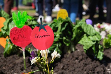 Buenos Aires, Arjantin, 21 Eylül 2021: Arazi Erişim Yasası 'nı talep eden, tarım bilimini savunan UTT' nin protesto detayları. Metinli kağıt sebzeler: Egemenlik, kırsal gelecek