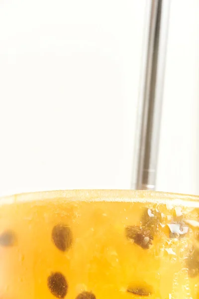 Close Top Glass Yellow Refreshing Passion Fruit Drink Juice Cocktail — Stock Photo, Image
