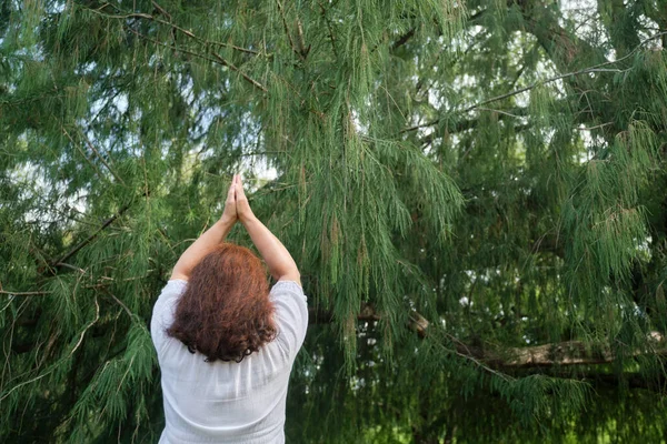 Mujer Irreconocible Con Ropa Blanca Practicando Yoga Aire Libre Parque Fotos de stock libres de derechos